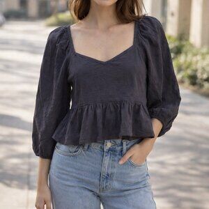 O'NEILL Gray Flowy Boho Babydoll Long Sleeve Festival Crop Top Small Y2K